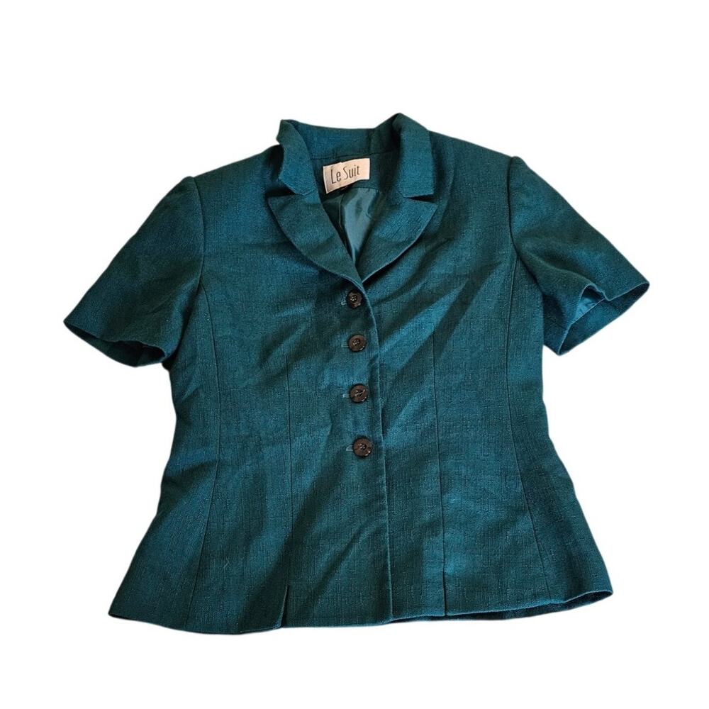 Le Suit Teal Short Sleeve Blazer Womens Size 8 Tailored Button Front Career
